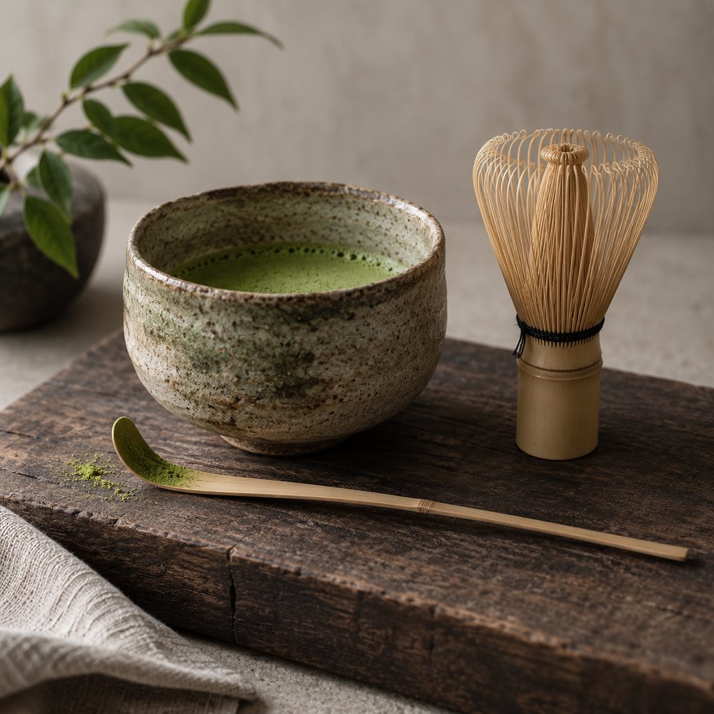 Chawan-skål med vispat matcha, bambuvisp och chashaku på en träbräda